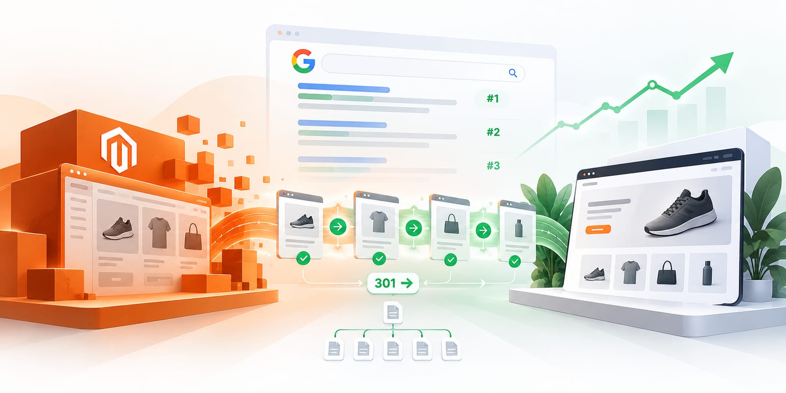 A Magento shop on the left, its product pages passing through 301 redirects into a new shop on the right, with Google results and a rising graph above
