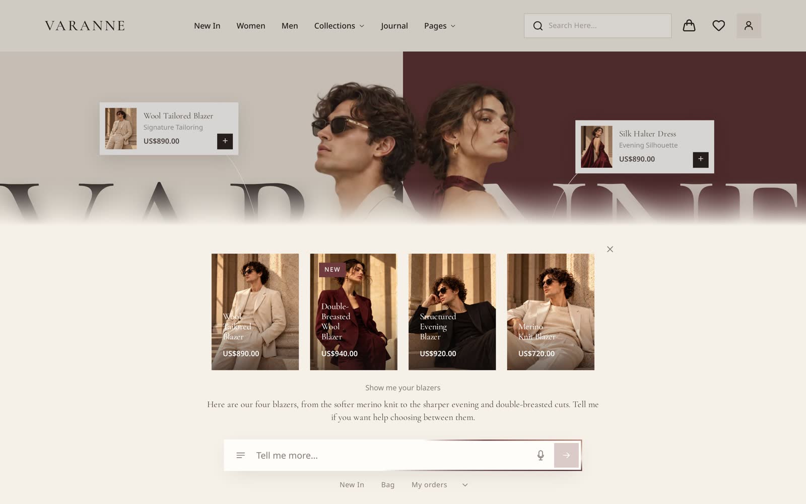 Four blazers shown as the theme's product cards above the assistant's reply