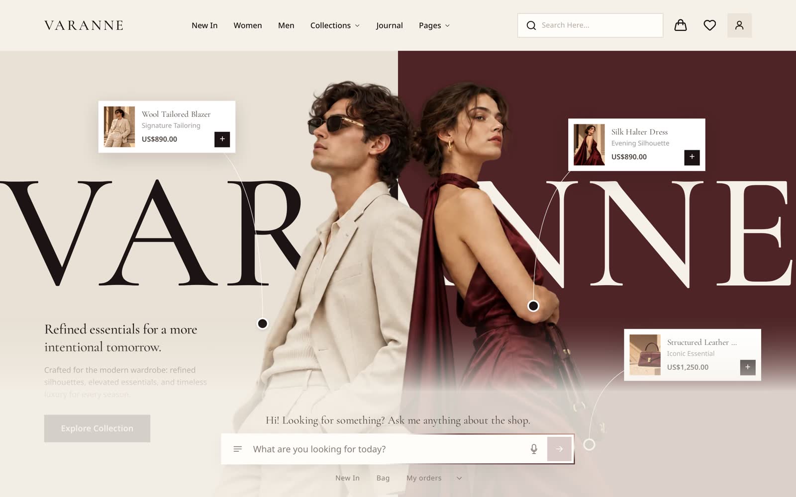 The assistant docked at the foot of the Varanne home page, with a welcome line and shortcuts