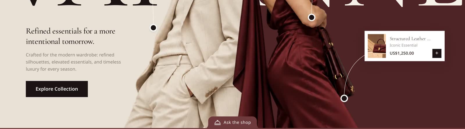 The hidden assistant as a tab reading Ask the shop on a thin line at the foot of the page
